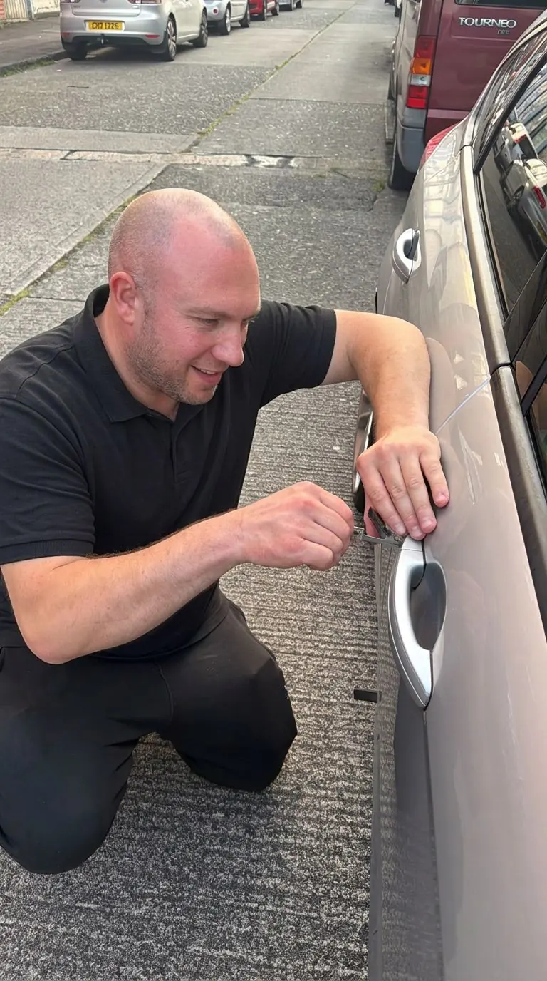 Locksmith in a black polo shirt carrying out an emergency car lockout in Fermanagh